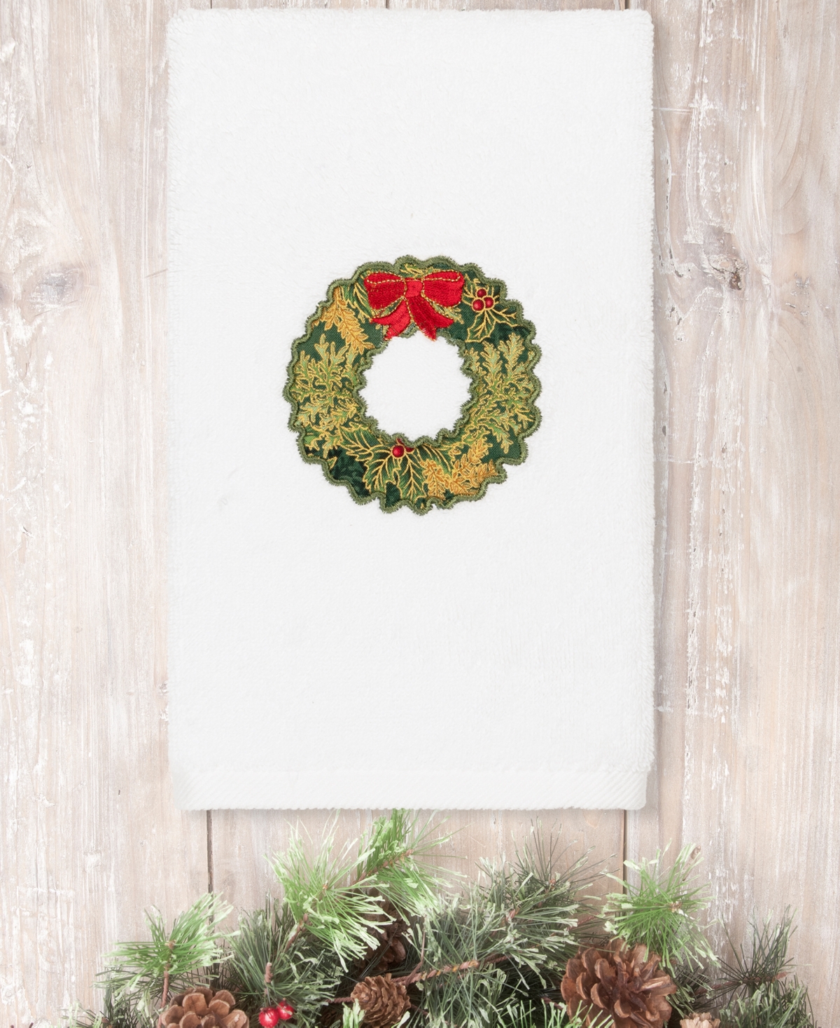 Linum Home Christmas Wreath Embroidered 100% Turkish Cotton Hand Towel Bedding
