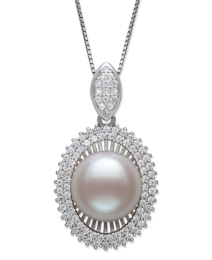 image of Cultured Freshwater Pearl (11-12 mm) and Cubic Zirconia Encrusted Pendant in Sterling Silver