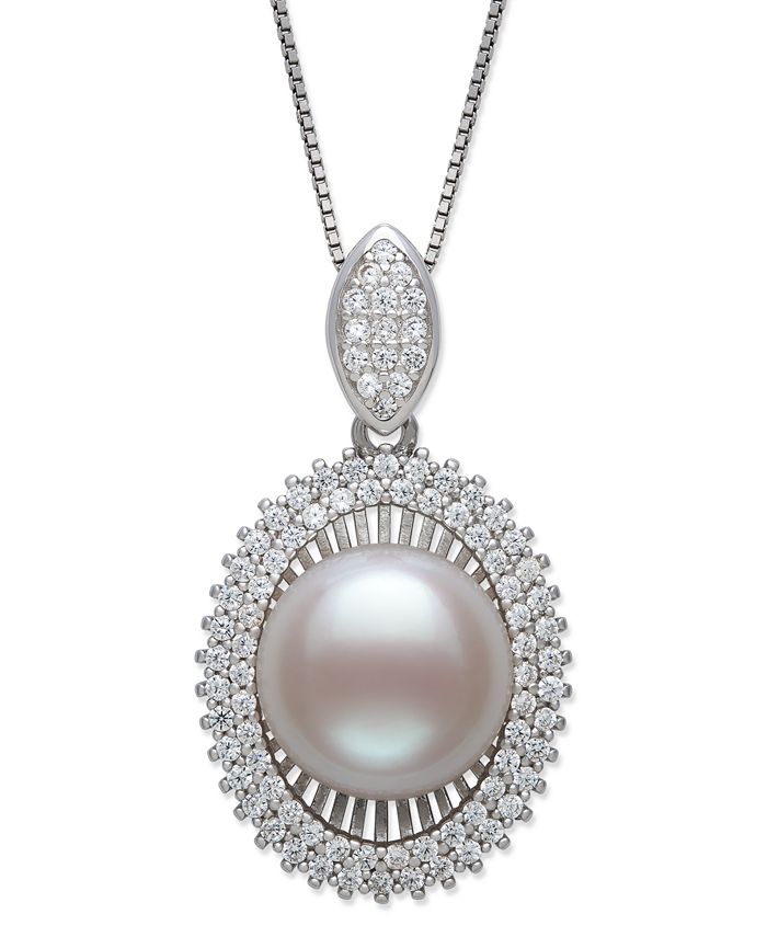 Macy's - Cultured Freshwater Pearl (11-12 mm) and Cubic Zirconia Encrusted Pendant in Sterling Silver