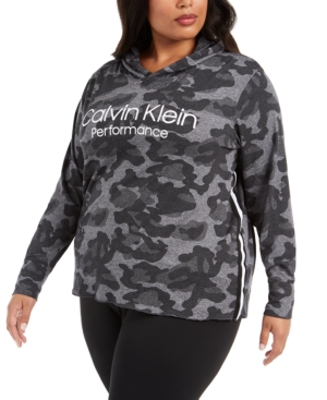 Calvin Klein Performance Plus Size Camouflage-print Logo Hoodie In Heather Black