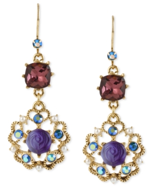 image of Betsey Johnson Antique Gold-Tone Flower Medallion Crystal Drop Earrings