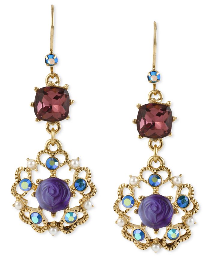 Betsey Johnson - Antique Gold-Tone Flower Medallion Crystal Drop Earrings
