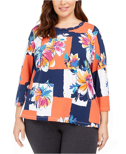Alfred Dunner Plus Size Road Trip Colorblocked Floral Knit Top