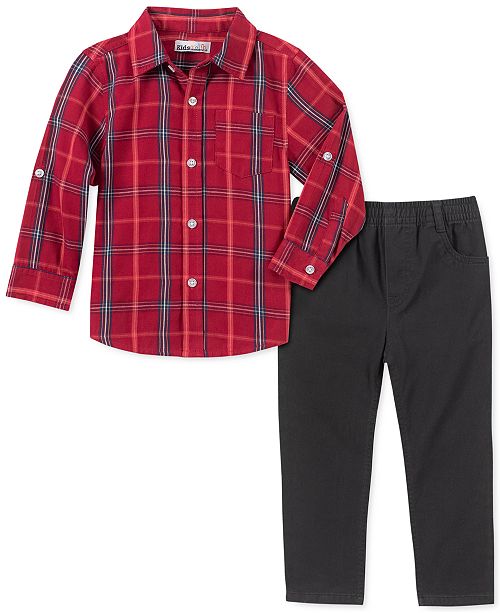 Kids Headquarters Toddler Boys 2 Pc Red Black Plaid Woven Shirt
