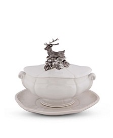 Pewter Metal Stag Stoneware Soup Tureen with Tray