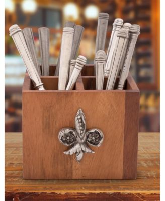 Square Caddy Acacia Wood Flatware, Serve Ware, Utensil, Carry-All Holder with Solid Pewter Fleur De Lis Accent, 4 Compartments