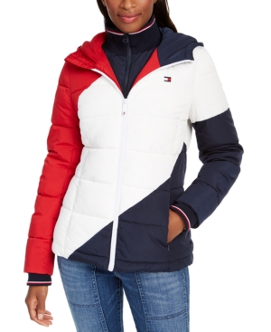 image of Tommy Hilfiger Diagonal Striped Puffer Coat