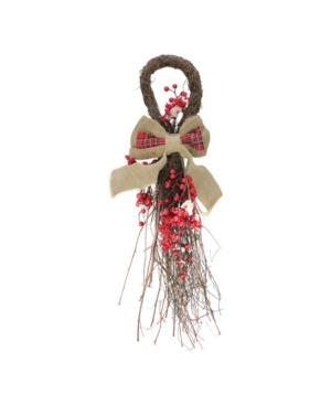 Northlight 24" Country Rustic Twig And Red Berries With Burlap And Plaid Bow Christmas Teardrop Swag In Brown