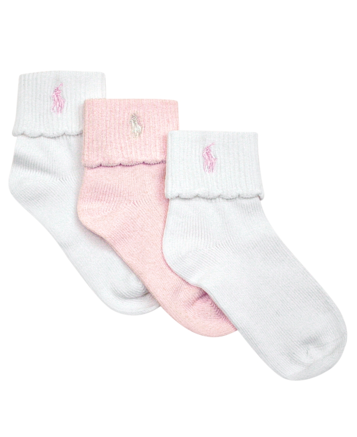 Ralph Lauren Kids' Polo  Little Girls Scalloped Turncuff Three-pack Socks In White,pink