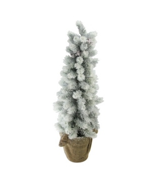 Northlight 28" Flocked Mini Pine Christmas Tree With Berries In Burlap Covered Vase In Green