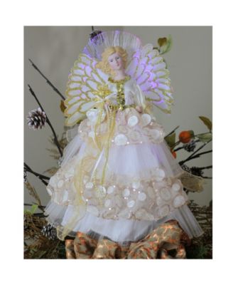 16" Lighted Fiber Optic Angel in Cream and Gold Sequined Gown Christmas Tree Topper