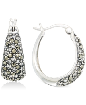 image of Marcasite & Crystal Pave Hoop Earrings in Sterling Silver