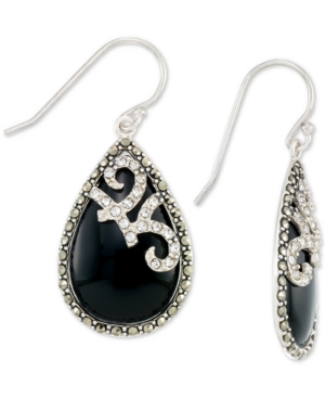 image of Onyx (15 x 24mm), Marcasite & Crystal Teardrop Earrings in Sterling Silver