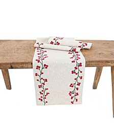 Holly Berry Branch Crewel Embroidered Christmas Table Runner