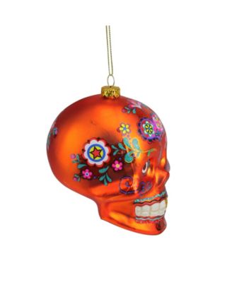4" Day of the Dead Orange Glitter Embellished Skull Halloween Christmas Ornament