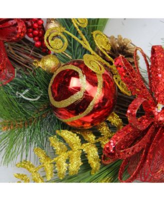 28" Red Ornament and Berry Gold Glittered Christmas Teardrop Swag - Unlit