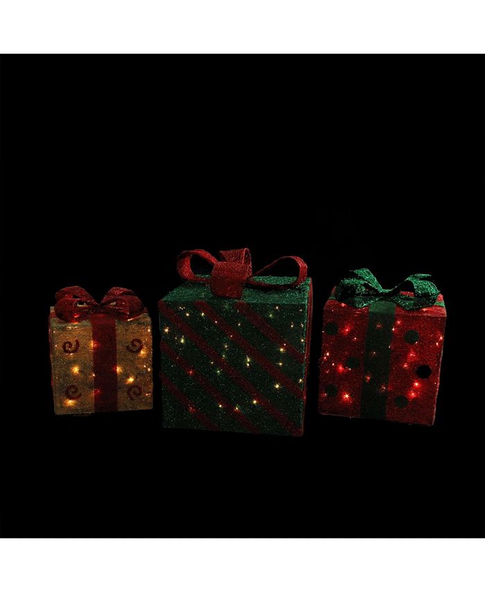 Northlight Set of 3 Lighted Sparkling Gold Green and Red Sisal Gift ...
