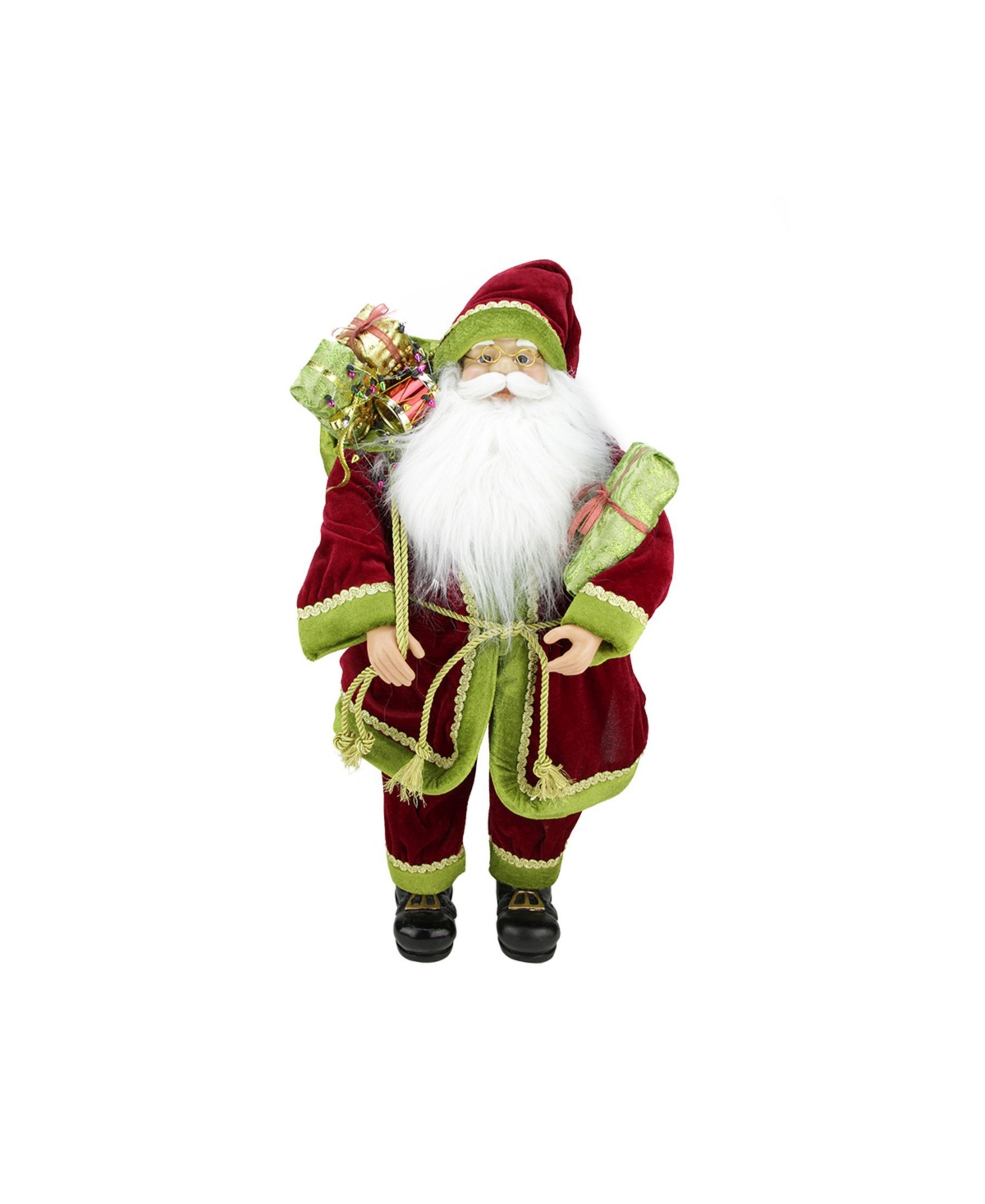 24" Grand Imperial Red Green and Gold Standing Santa Claus Christmas Figure with Gift Bag - Green