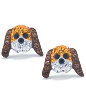 image of Brown and White Pave Crystal Dog Face Stud Earrings set in Sterling Silver