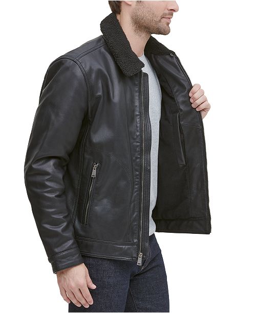 Cole Haan Men's Leather Aviator Jacket with Faux Sherpa Collar ...