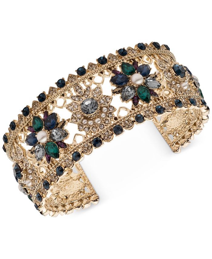 Marchesa Gold Tone Crystal Stone Imitation Pearl Openwork Cuff