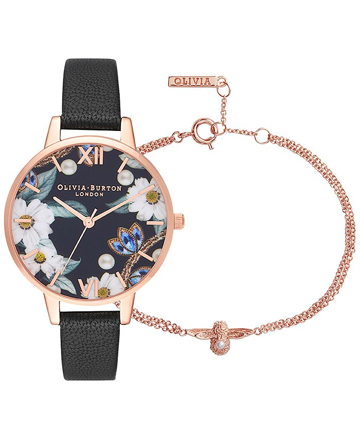 Olivia Burton Women s Bejewelled Florals Black Leather Strap Watch