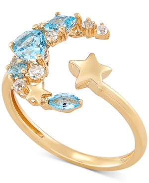 image of Blue Topaz (7/8 ct. t.w.) & White Topaz (1/8 ct. t.w.) Moon & Star Cuff Ring in 14k Gold