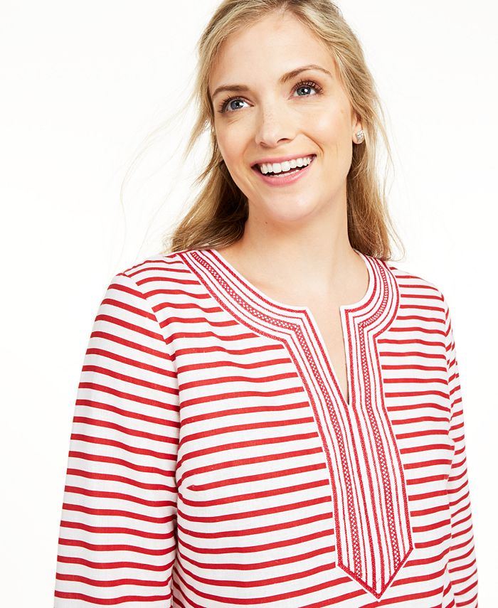 Charter Club Embroidered Striped LinenBlend Tunic, Created for Macy's