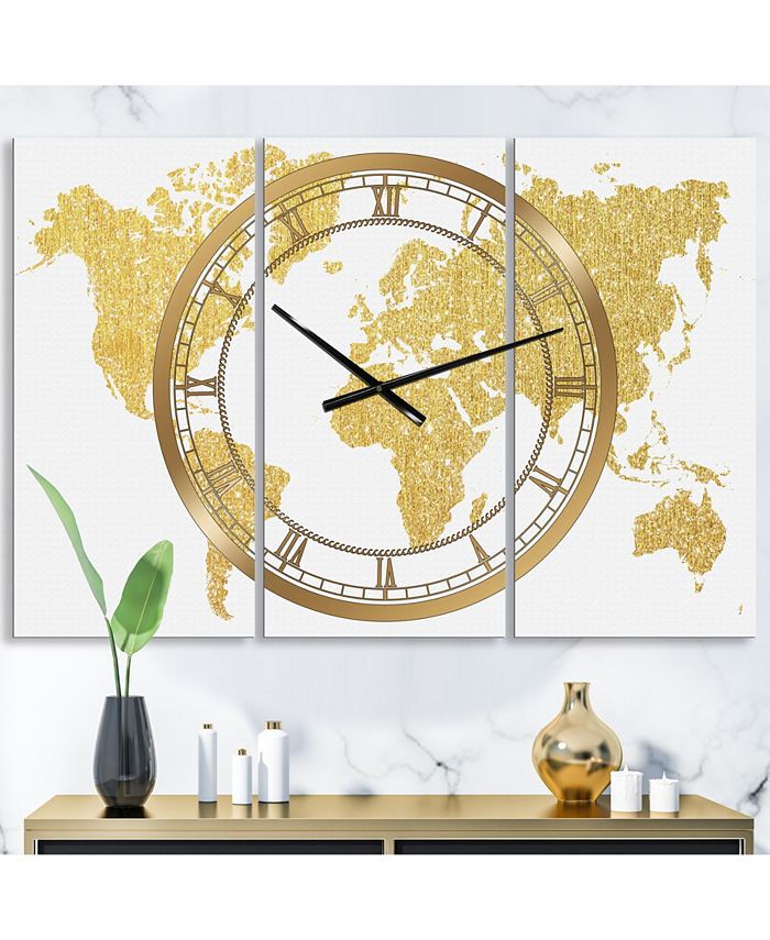 Designart Golden Map of the Earth Large Fashion 3 Panels Wall Clock ...