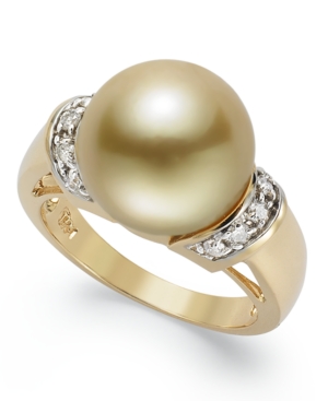 image of 14k Gold Ring, Golden South Sea Pearl (12mm) and Diamond (1/4 ct. t.w.) Ring