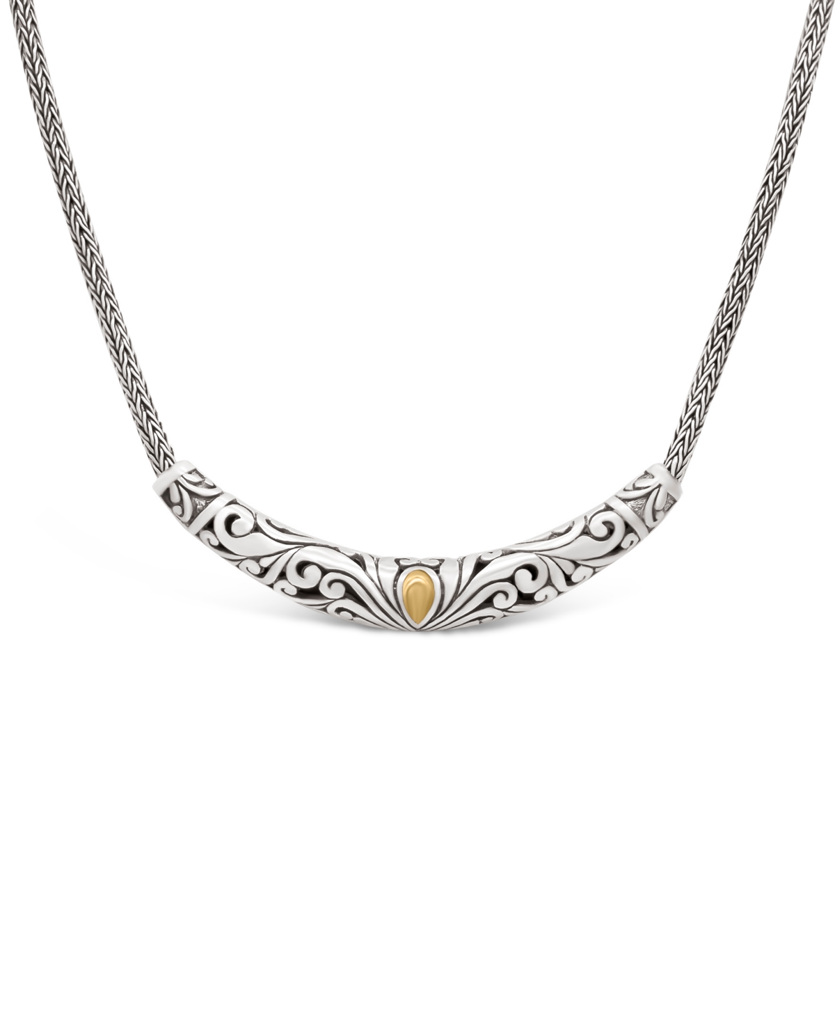 Bali Filgree with Dragon Bone Chain Necklace in Sterling Silver with 18K Gold, 16 in adj to 18 in - silver, gold.