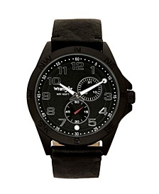 Men's Watch, 48MM IP Black Case, Compass Directions on Bezel, Textured Black Dial, White Arabic Numerals, Multi Function Date and Second Hand Subdials, Black Faux Leather Strap