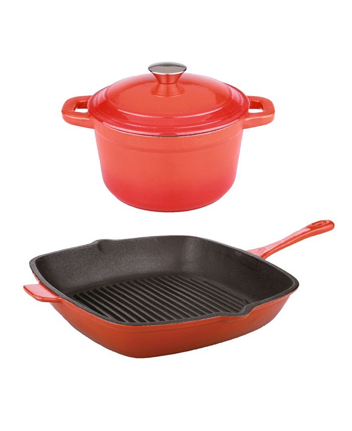 BergHOFF Neo 3Pc Cast Iron Set: 3qt. Covered Dutch Oven & 11 Grill Pan,  Pink