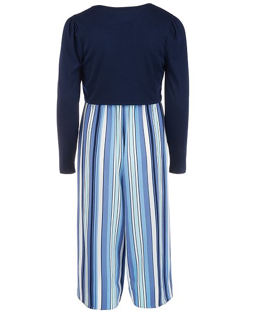 Beautees Big Girls 3 Pc Shrug Striped Jumpsuit Necklace Set
