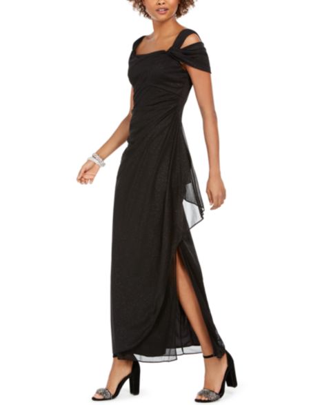 Женское платье Alex Evenings Cold-Shoulder Draped Metallic Gown, цвет: Чёрный