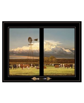 Summer Pastures Holstein cows with windmill by Bonnie Mohr, Ready to hang Framed Print, Black Window-Style Frame, 19" x 15"