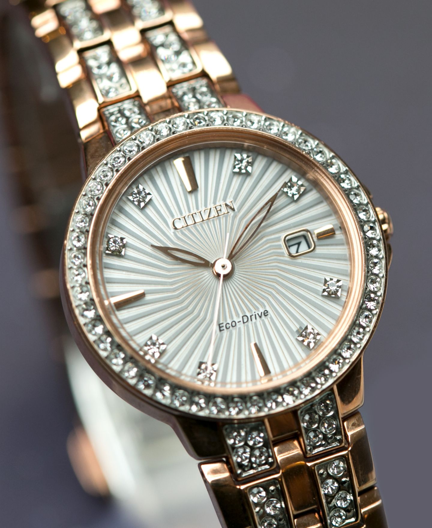 Женские часы Citizen Eco-Drive Crystal Accent Rose Gold-Tone Stainless Steel Bracelet Watch 28mm EW2348-56A — фото 5