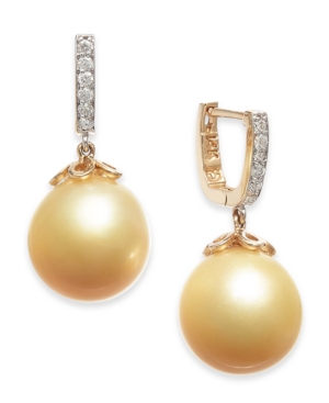 image of Cultured Golden South Sea Pearl (10mm) & Diamond (1/10 ct. t.w.) Dangle Drop Earrings in 14k Gold
