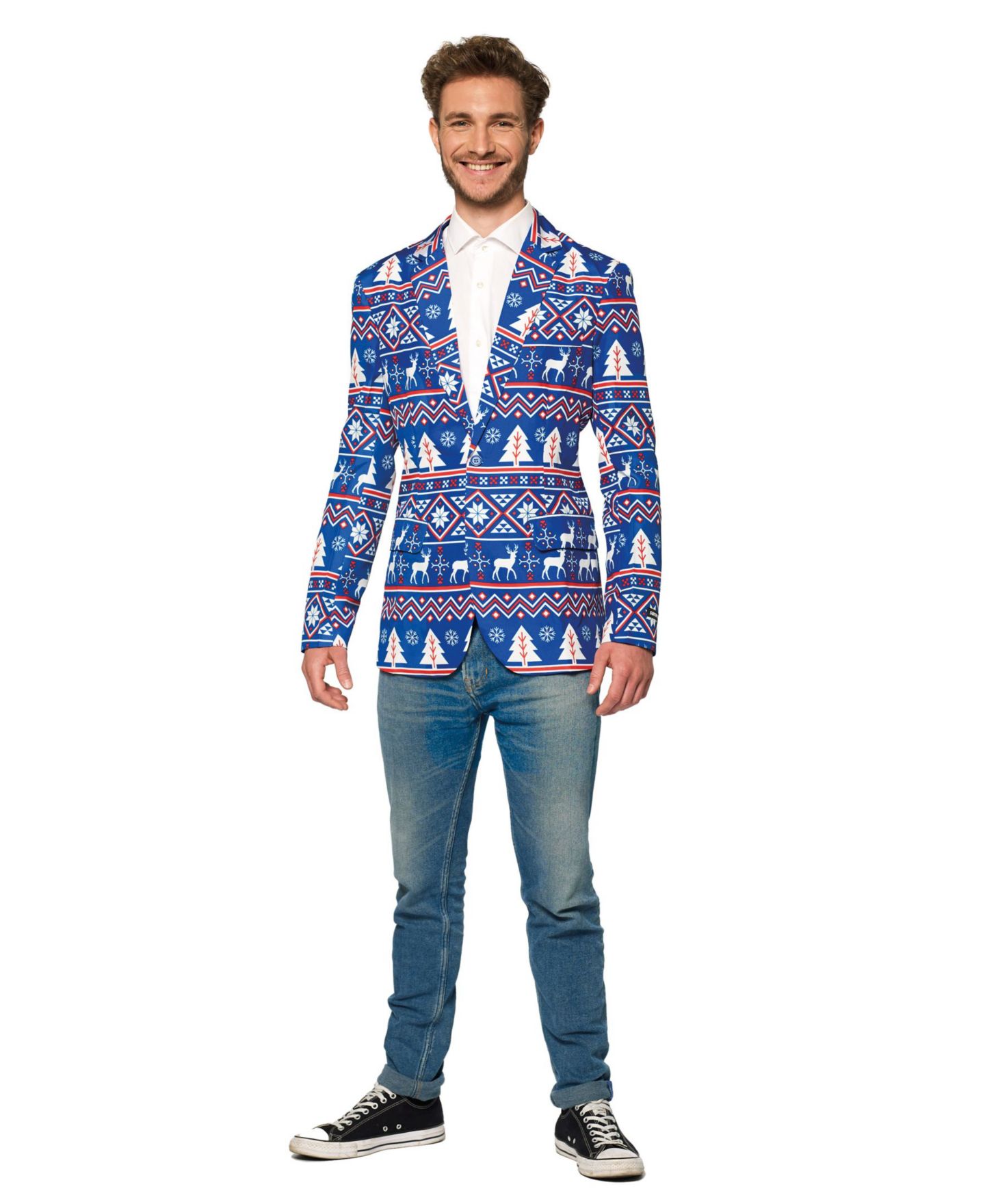 Мужской пиджак Suitmeister Blue Christmas Blazer - Ugly X- Mas Holiday Festive Nordic Print - Blue - White, цвет: Синий — фото 1