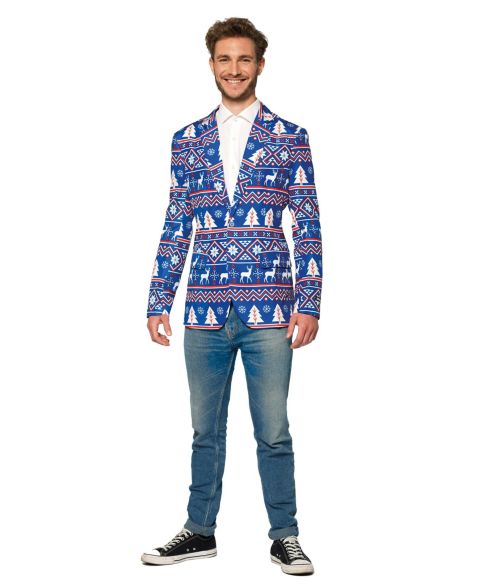 Мужской пиджак Suitmeister Blue Christmas Blazer - Ugly X- Mas Holiday Festive Nordic Print - Blue - White, цвет: Синий