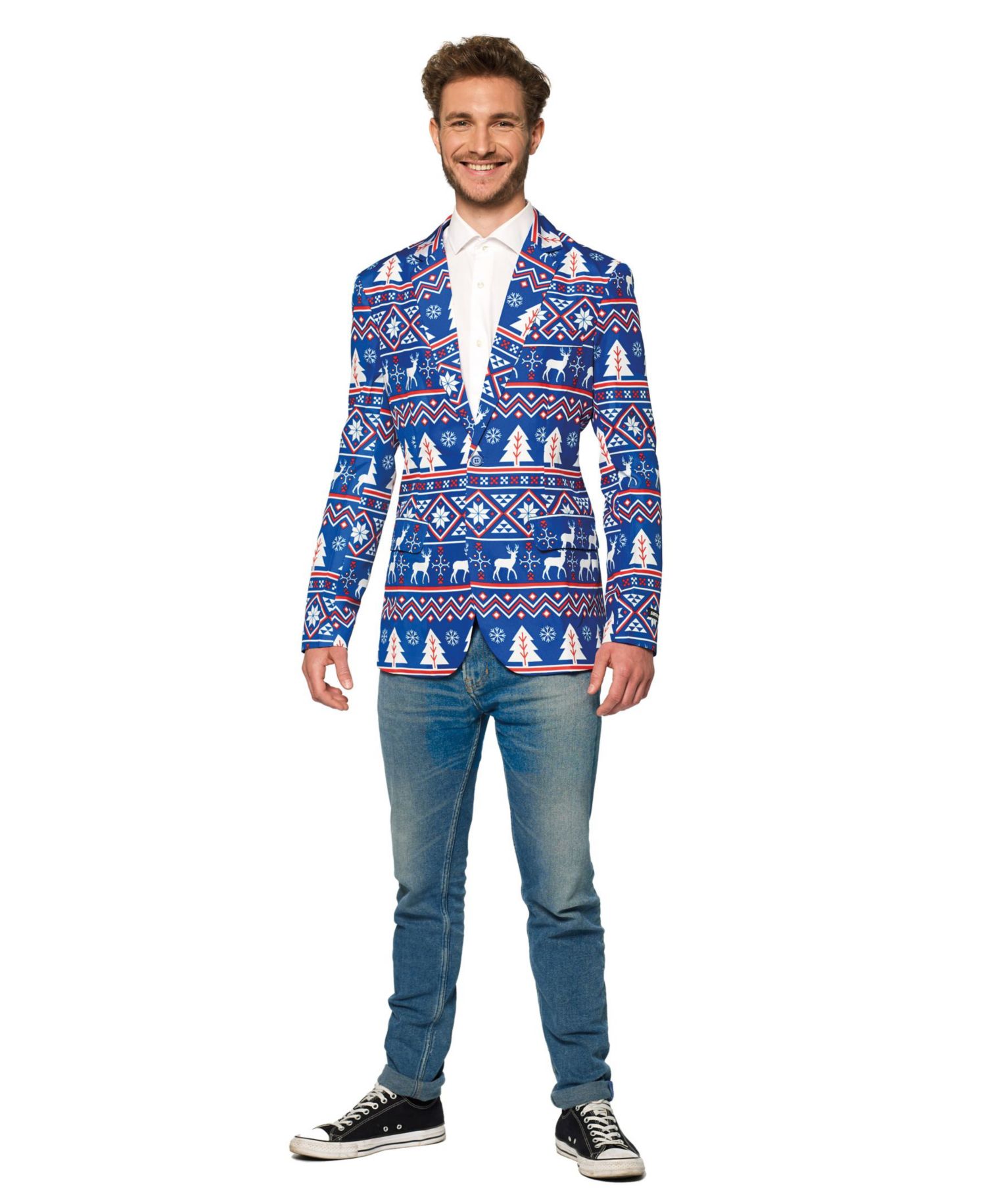Men's Blue Christmas Blazer - Ugly X- Mas Holiday Festive Nordic Print - Blue - White