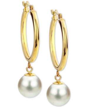 image of Cultured Freshwater Pearl (8mm) Dangle Medium Hoop Earrings in 14k Gold, 1.25
