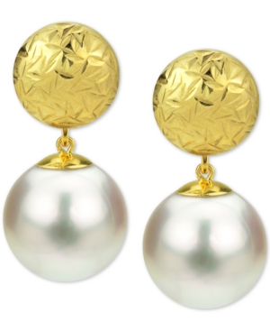 image of Cultured Freshwater Pearl (9mm) Ball Stud Drop Earrings in 14k Gold