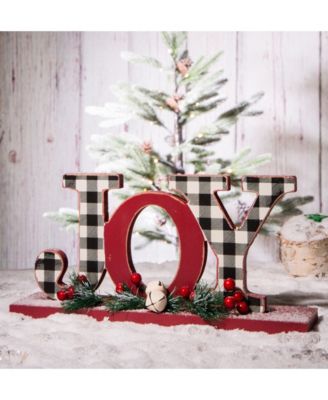 11.42" L Christmas Wooden Plaid Joy Table Decor