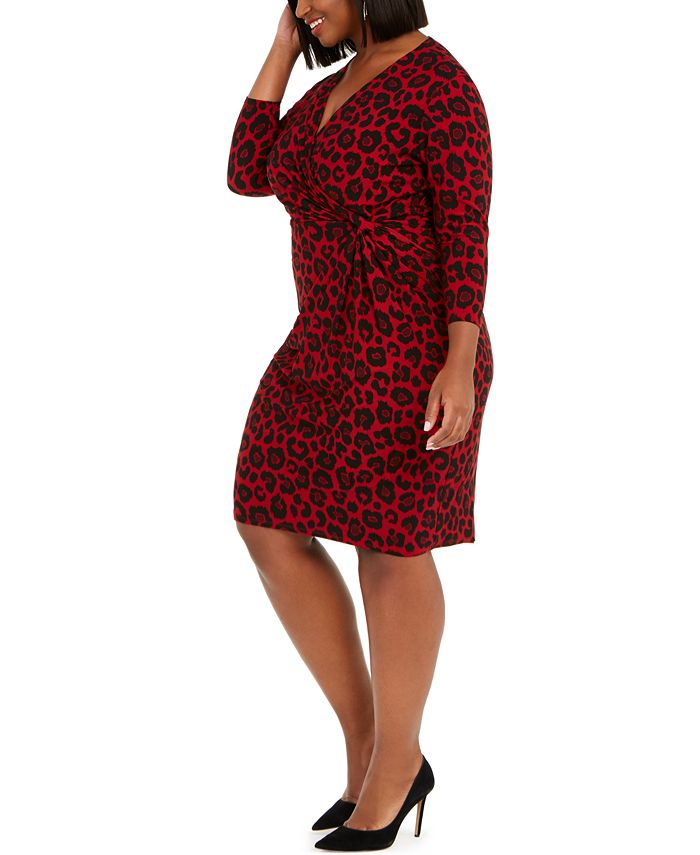 Plus Size Twisted Front Leopard Short Sleeve Dress
