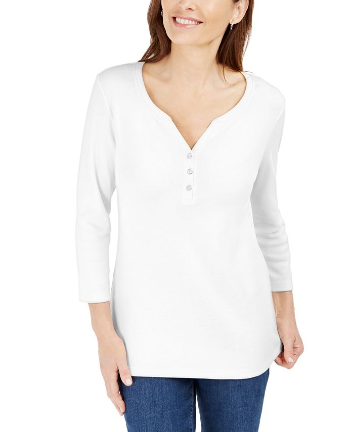 Karen Scott Petite 3/4-Sleeve Henley Shirt, Created for Macy's - Macy's