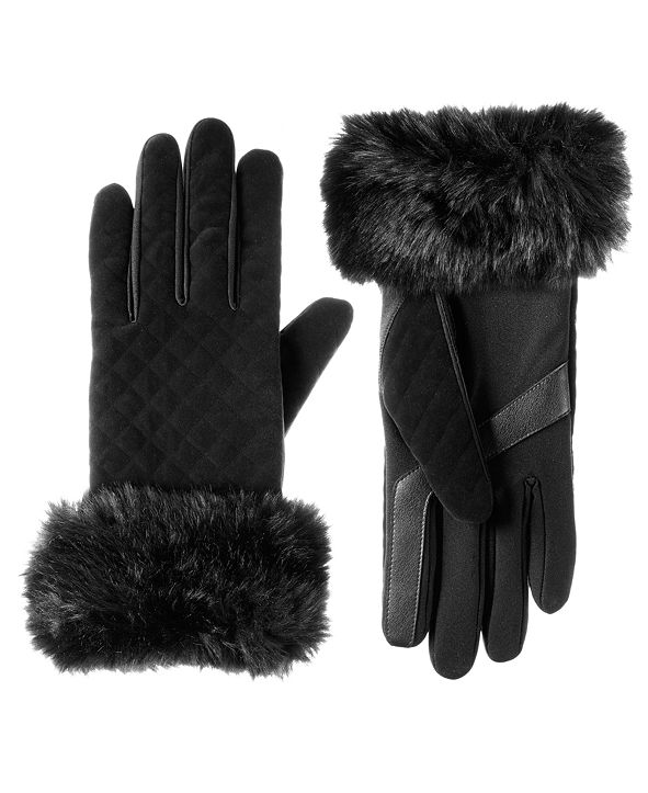 Isotoner Signature Women's Velvet Quilted Gloves with Faux Fur ...