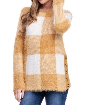 Fever Plus Size Plaid Button-side Sweater In Yellow