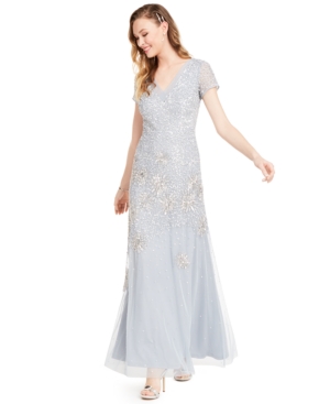 ADRIANNA PAPELL EMBELLISHED SHORT-SLEEVE TRUMPET GOWN