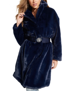 Guess Faux Fur Coat In Blue Jam | ModeSens